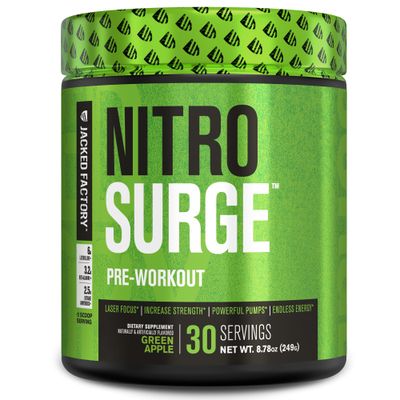 Jacked Factory NITROSURGE Pre Workout Supplement - Endless Energy, Instant Strength Gains, Clear Focus, Intense Pumps - NO Booster &amp; Powerful Preworkout Energy Powder - 30 Servings, Green Apple