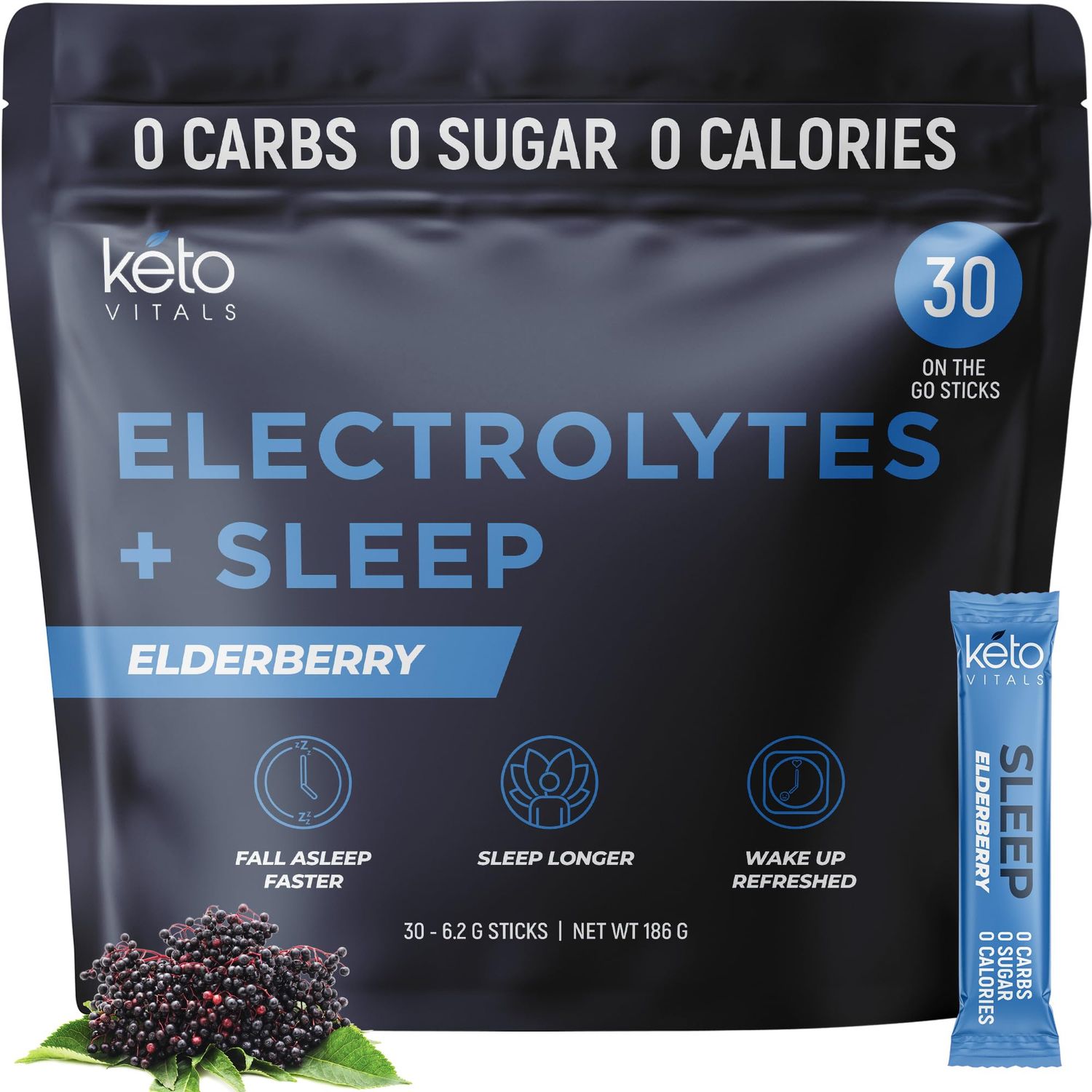 Keto Vitals Sleep Drink Electrolyte Sleep Powder Packets - Fast-Acting Sleep Blend of Melatonin 3mg, GABA, L-Theanine, &amp; Ashwagandha - Elderberry, 30 Count
