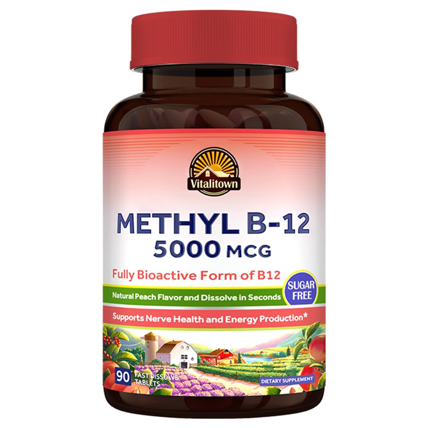 Vitalitown Vitamin B12 (Methyl B12) 5000 mcg, Fully Bioactive Form, Support Energy Production, Natural Peach Flavor, Zero Sugar, 90 Fast Dissolve Tablets