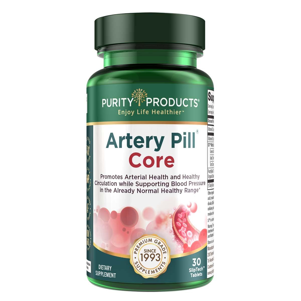 Purity Products Artery Pill Core from MK-7 Vitamin K2, Plant-Based S7 Nitric Oxide Booster, Vitamin D3, Organic Blueberries - Promotes Arterial Health &amp; Cardiovascular Function - 30 Count