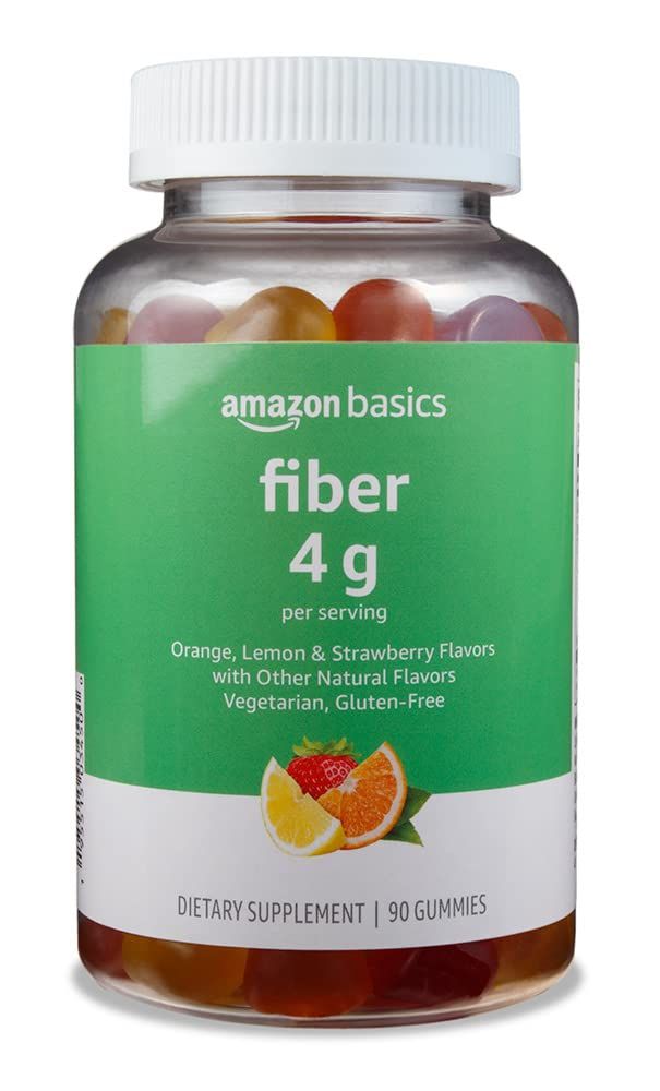 Amazon Basics (previously Solimo) Fiber 4g Gummy - Digestive Health, Supports Regularity, Orange, Lemon &amp; Strawberry, 90 Gummies (2 per Serving)
