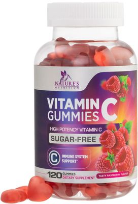 Sugar Free Vitamin C Gummies - Immune Support &amp; Antioxidant Vitamin Dietary Supplement - Vegan, Non-GMO, Dairy &amp; Gluten Free C Vitamin Gummy - Raspberry Flavor for Kids &amp; Adults - 120 Count Gummies