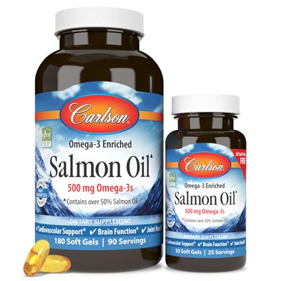 Carlson - Norwegian Salmon Oil, 500 mg Omega-3s, Norwegian Salmon Oil Supplement, Wild Caught Omega 3 Salmon Oil Capsules, Sustainably Sourced, Brain, Heart &amp; Joint Health, 180+50 Softgels
