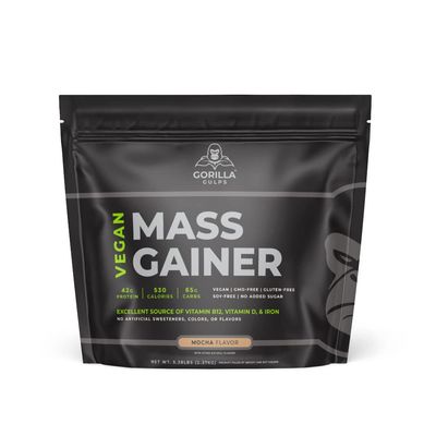 Gorilla Gulps - Chocolate Vegan Mass Gainer - 5 lb Natural High Calorie Protein Powder: GMO, Gluten, & Soy Free. No Artificial Ingredients - Vitamin B12 + D3, & Iron - 530 Calories - 18 Servings