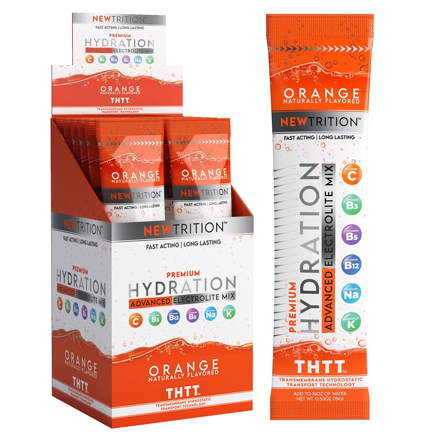 NewTrition Hydration Powder, Electrolyte Powder Packets, Naturally Flavored Hydrating Packets for Water, Fast Acting Hydrate Electrolytes with Vitamins C &amp; D, Orange, 12 Servings