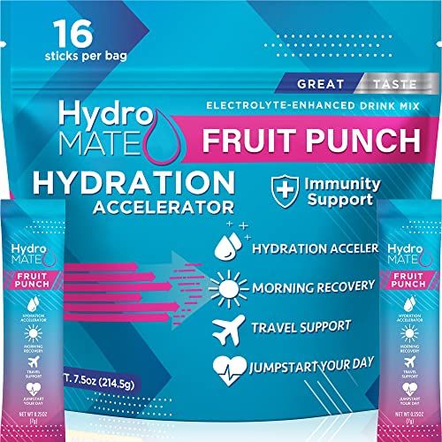 HydroMATE Electrolyte Powder Packets 2.5g Sugar - 16 Instant Fruit Punch Hydration Packets Vitamin B12 to Boost Energy - Electrolytes Powder to Support Hydration for Fast Party and Workout Recovery