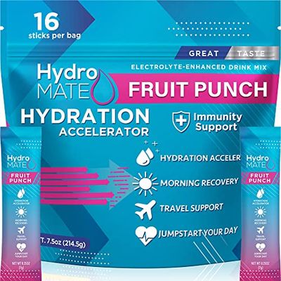 HydroMATE Electrolyte Powder Packets 2.5g Sugar - 16 Instant Fruit Punch Hydration Packets Vitamin B12 to Boost Energy - Electrolytes Powder to Support Hydration for Fast Party and Workout Recovery