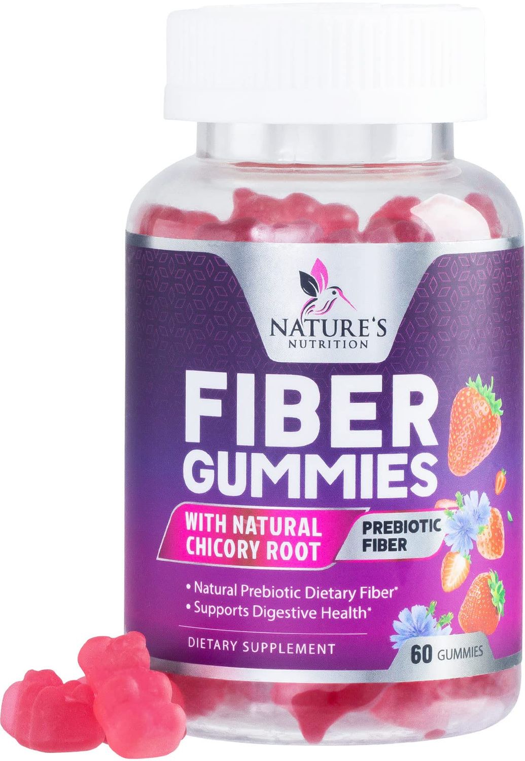 Fiber Supplement Gummies for Digestive Health &amp; Regularity Support, Fiber 4g Gummy for Adults, Daily Prebiotic Supplements, Natural Prebiotic Fiber Gummy, Plant Based, Strawberry Flavored - 60 Gummies