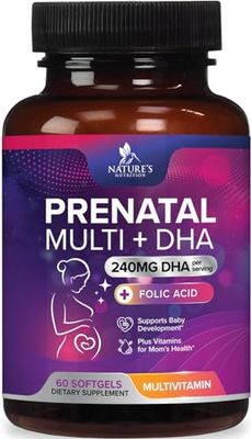 Women&#39;s Prenatal Multivitamin with Folic Acid + DHA, Prenatal Vitamin Supplement for Fetal Support w/Folate, Omega 3, Vitamins D3, B6, B12 &amp; Iron, Pregnancy Prenatal DHA, Non-GMO - 60 Softgels