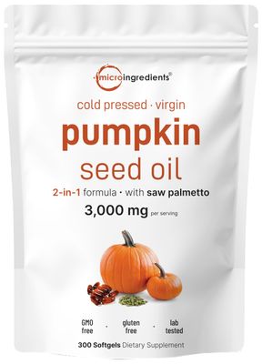 Pumpkin Seed Oil with Saw Palmetto, 3,000mg Per Serving, 300 Softgels | Cold Pressed, Pure Virgin Oil, Herbal Supplement | Supports Hair, Urinary, Bladder &amp; Prostate Health | Non-GMO