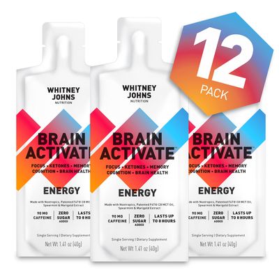 Whitney Johns - Brain Booster Gel Packs, Neuro Enhancer, Brain Supplements for Memory &amp; Focus, Reduce Brain Fog Elevate Ketones, C8 MCT-F4T - Zero Added Sugar, 90mg Caffeine, 12 Go Anywhere Gel Packs