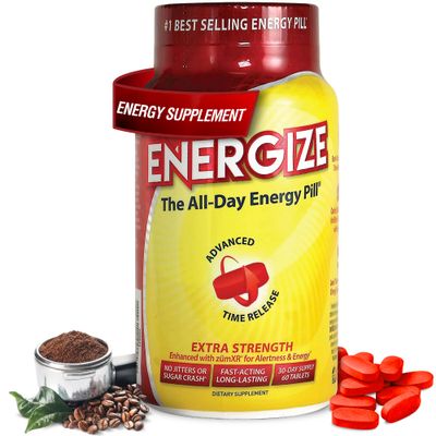 Energize Extra Strength Caffeine Pills, Fast Acting Long-Lasting Energy Pill with Extended Time Release Caffeine, Improved Clarity & Energy Support for Men & Women, No Jitters, No Crash (60 Tablets)