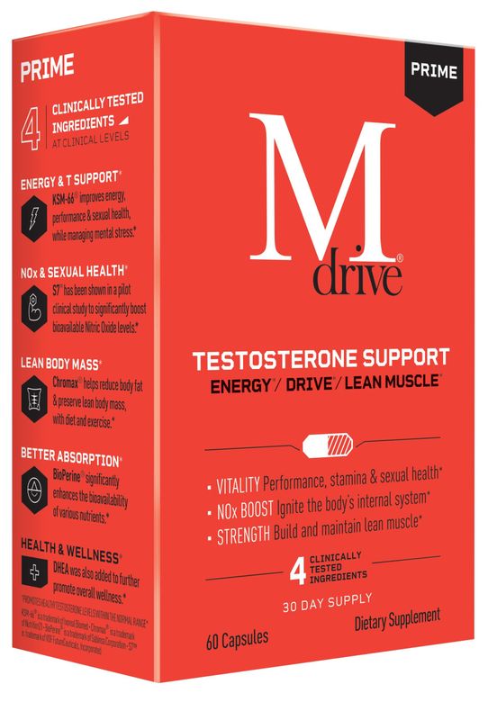 Mdrive Prime - Testosterone Support for Men, Max Energy, Stress Relief and Lean Muscle, KSM-66 Ashwagandha, S7 Nitric Oxide Booster, Bioperine and DHEA, 60 Capsules