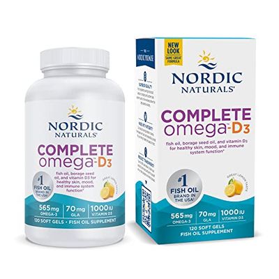 Nordic Naturals Complete Omega-D3, Lemon Flavor - 120 Soft Gels - 565 mg Omega-3 + 70 mg GLA + 1000 IU Vitamin D3 - EPA &amp; DHA - Healthy Skin &amp; Joints, Cognition, Positive Mood - Non-GMO - 60 Servings