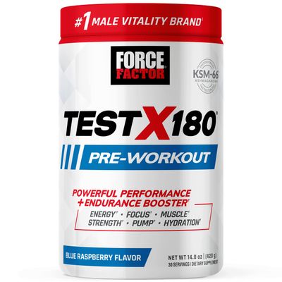 FORCE FACTOR Test X180 Pre-Workout Powder &amp; Energy Supplement, Boost Focus &amp; Endurance, Build Muscle &amp; Strength, Nitric Oxide Supplement with Ashwagandaha &amp; L-Citrulline, Blue Raspberry, 30 Servings