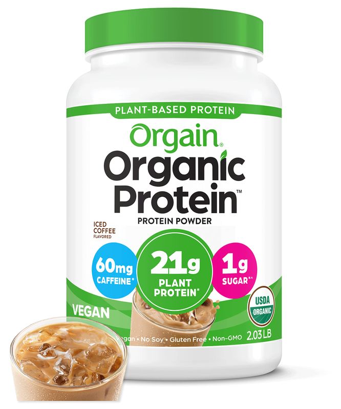 Orgain Organic Vegan Protein Powder, Iced Coffee - 21g Plant Protein, 60mg of Caffeine, Low Net Carb, No Lactose Ingredients, No Added Sugar, Non-GMO, Shakes &amp; Smoothies, 2.03 lb (Packaging May Vary)