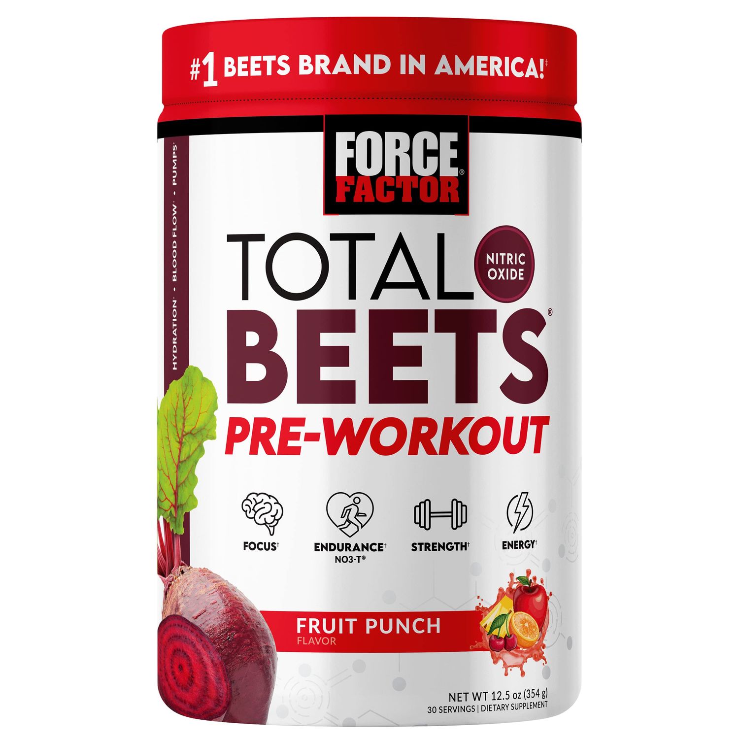 FORCE FACTOR Total Beets Pre-Workout Powder to Boost Energy &amp; Endurance, Increase Strength, and Improve Blood Flow and Pumps, Nitric Oxide Supplement with Beet Root Powder, Fruit Punch, 30 Servings