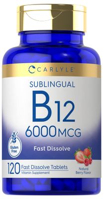 Carlyle Vitamin B-12 6000mcg | 120 Fast Dissolve Tablets | Natural Berry Flavor | Cyanocobalamin &amp; Methylcobalamin | Vegetarian, Non-GMO, and Gluten Free Sublingual Supplement
