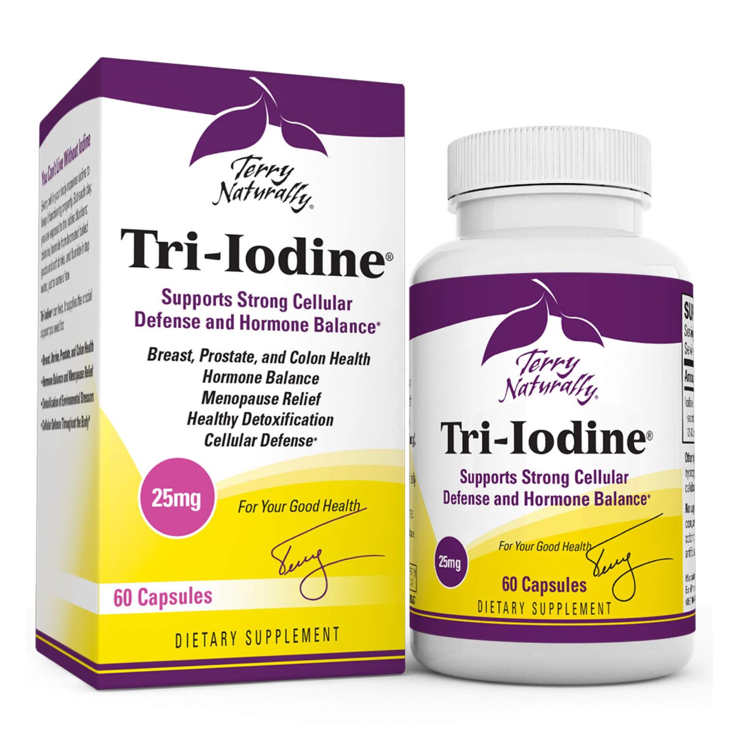 Terry Naturally Tri-Iodine 25 mg - 25000 mcg Iodine, 60 Vegan Capsules - Supports Hormone Balance, Promotes Breast &amp; Prostate Health - Non-GMO, Gluten-Free, Kosher - 60 Servings