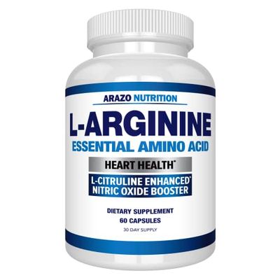 Arazo Nutrition Premium L Arginine - 1340mg Nitric Oxide Booster with L-Citrulline &amp; Essential Amino Acids for Muscle Gain and Energy - Powerful NO Booster to Train Longer &amp; Harder - 60 Capsules