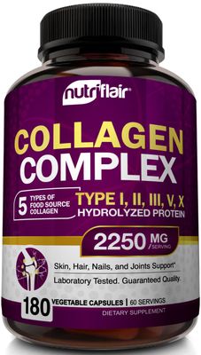 NutriFlair Multi Collagen Peptides 2250mg - Type I, II, III, V, X - Collagen Supplements Complex Powder Pills for Women and Men - Hydrolyzed Protein, Healthy Hair, Skin, Nails - Non-GMO (180 Capsules)
