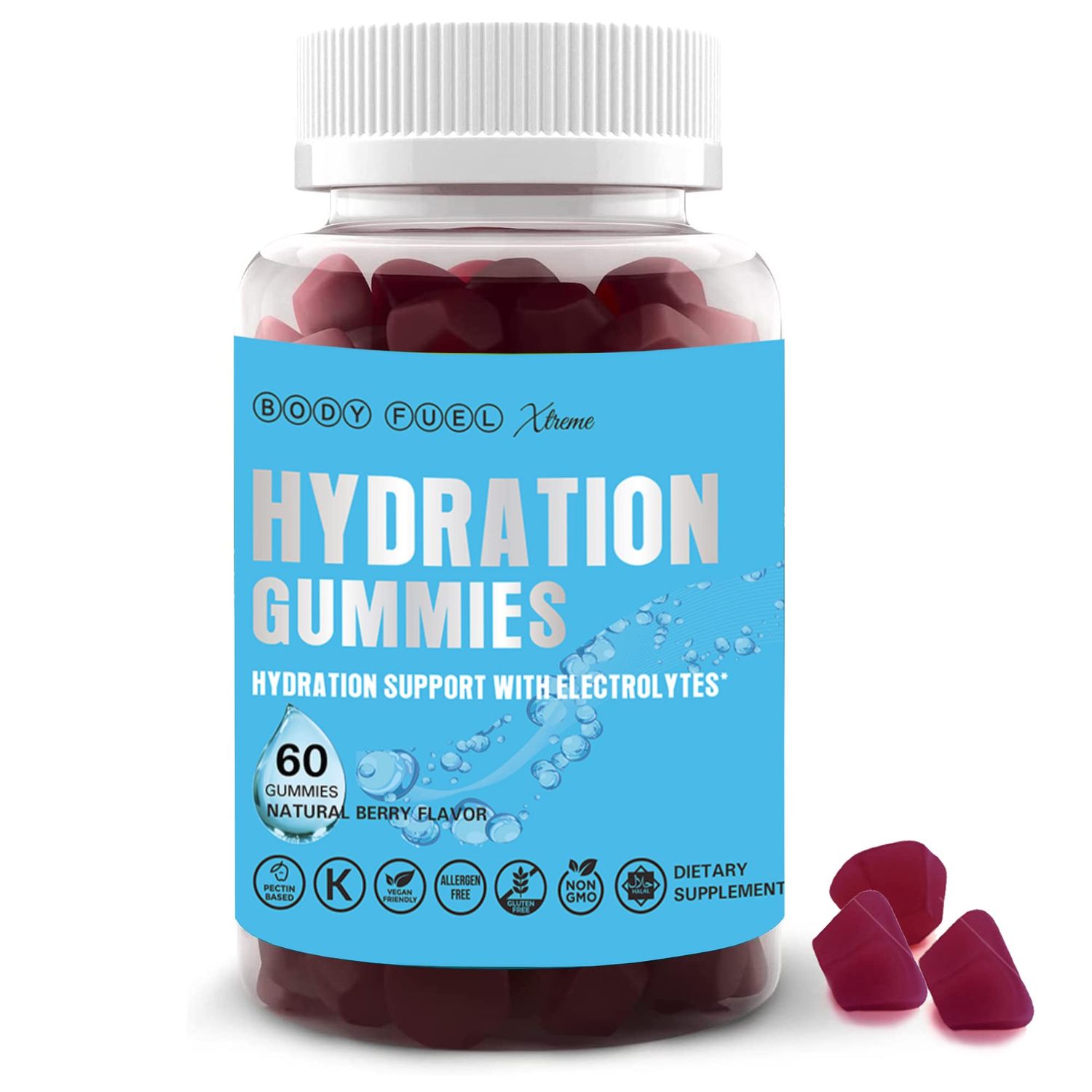 Electrolytes Hydration Gummies Salty Berry Natural Flavor Rehydration Support Sodium Calcium Potassium Chloride Zinc Vegan Gluten Free Kosher Halal Non GMO Pectin Chews - (60 Count)