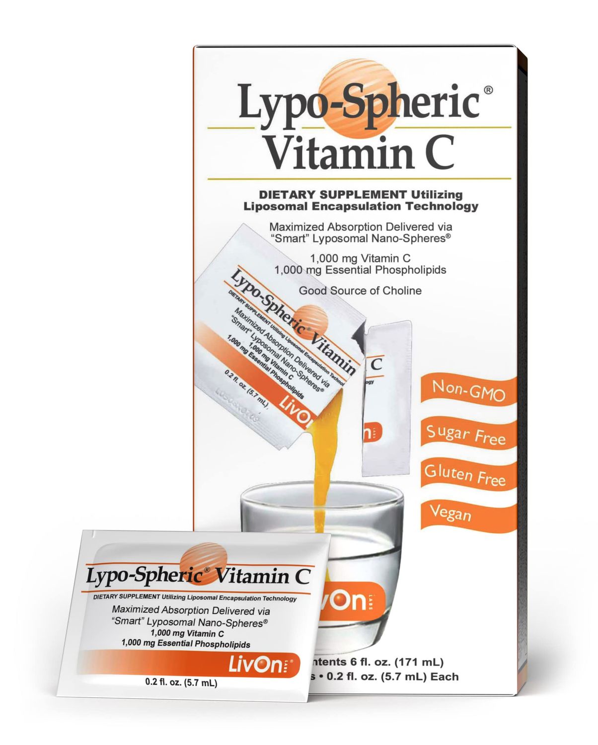 Lypo-Spheric Vitamin C - 1,000 mg Vitamin C &amp; 1,000 mg Essential Phospholipids Per Packet - Liposome Encapsulated for Improved Absorption - 100% Non-GMO, 1 Carton, 0.2 Fl Oz (Pack of 30)