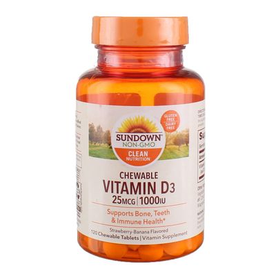 Sundown Naturals Vitamin D3 1000 IU Chewable Tablets Strawberry-Banana Flavor 120 Tablets (Pack of 4)