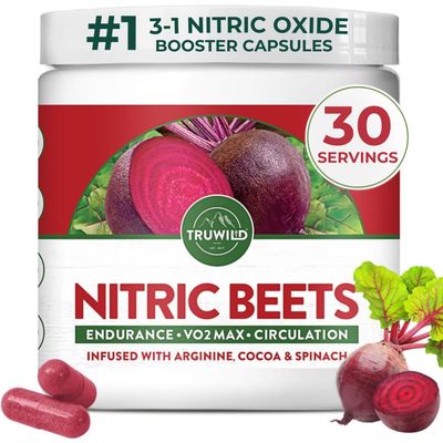TruWild All Natural Beet Root Powder- Nitric Oxide Booster - 1000mg - Vegan Superfood Capsule Supplement - Beetroot Extract Supports Overall Health, Performance, & Stamina - 30 Servings