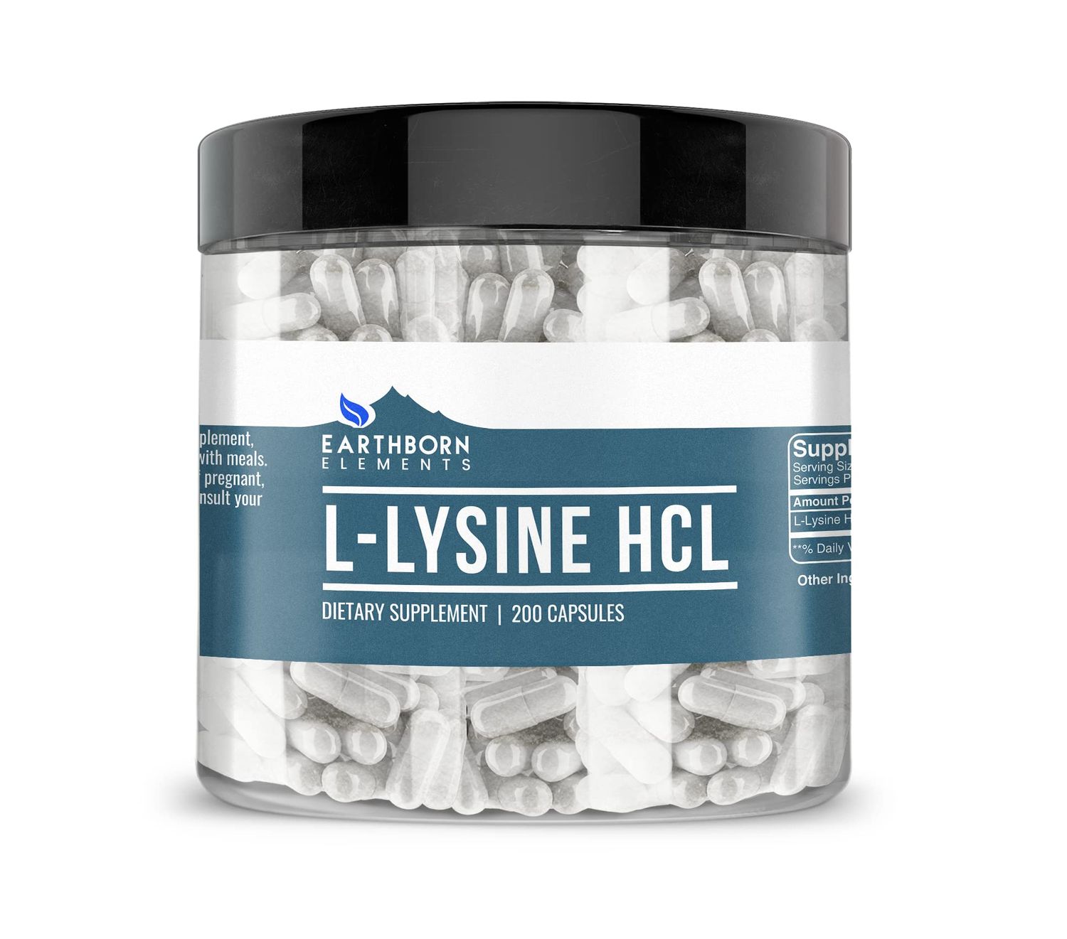Earthborn Elements L-Lysine HCL 200 Capsules, Pure &amp; Undiluted, No Additives