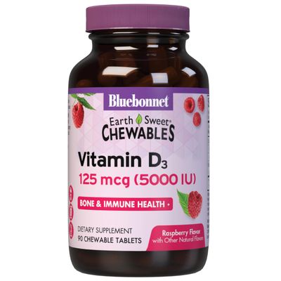 Bluebonnet Nutrition Earth Sweet Vitamin D3 5000 IU Chewable Tablets, Aids in Muscle &amp; Skeletal Growth, Non GMO, Gluten &amp; Soy &amp; Milk Free, Kosher, Raspberry, White, 90 Count
