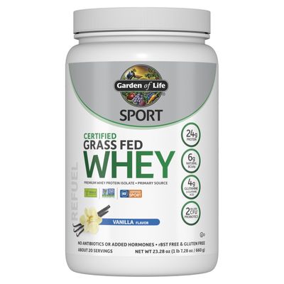 Garden of Life SPORT Whey Protein Powder Vanilla., Premium Grass Fed Whey Protein Isolate plus Probiotics for Immune System Health, 24g Protein, Non GMO, Gluten Free., Cold Processed - 20 Servings