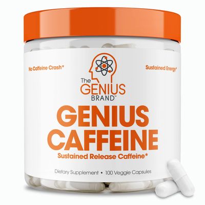 Genius Caffeine Pills 100mg, Extended-Release Microencapsulated Caffeine Pills - All-Natural Non-Crash Sustained Energy, Focus &amp; Concentration Supplement - Nootropic Brain Booster - 100 Capsules