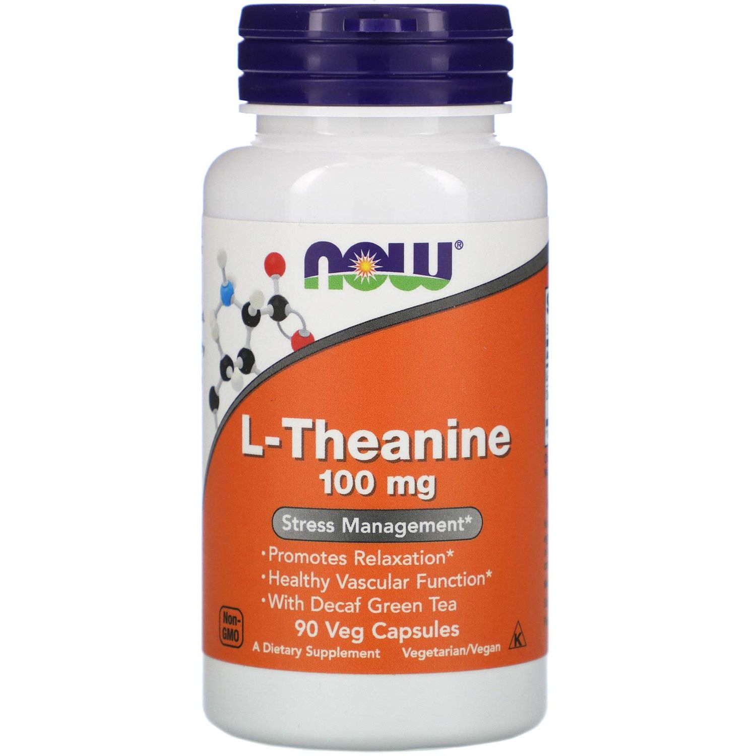 NOW Foods Supplements, L-Theanine 100 mg with Decaf Green Tea, Stress Management*, 90 Veg Capsules