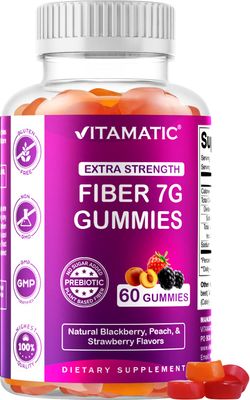 Vitamatic Prebiotic Fiber Gummies for Adults - 7G Fiber Extra Strength - Zero Sugar Added - 60 Pectin Based Gummies - Digestive Health &amp; Regularity Support