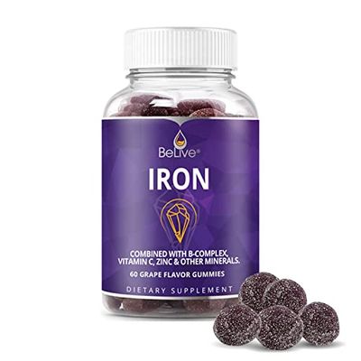 BeLive Iron Gummies - Multivitamin with Iron, Vitamins &amp; Zinc for Blood Oxygen - Grape Flavor, Vegan Supplement for Women, Men &amp; Kids