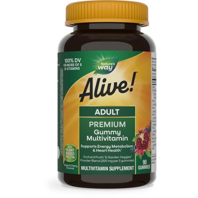 Nature&#39;s Way Alive! Adult Premium Multivitamin Gummy, Full B-Vitamin Complex, Supports Energy Metabolism &amp; Heart Health*, 90 Gummies (Packaging May Vary)