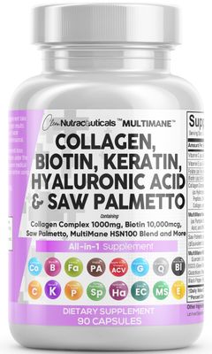 Clean Nutraceuticals Collagen Pills 1000mg Biotin 10000mcg Keratin Saw Palmetto Hyaluronic Acid - Hair Skin &amp; Nails Vitamins &amp; DHT Blocker with Vitamin E Folic Acid Pumpkin Seed MSM - 90 Count