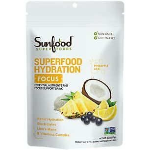 Sunfood Superfoods Hydration Electrolyte Powder Drink Mix | 8 oz. Bag, 20 Servings | Coconut Water, Pink Himalayan Salt, Lemon &amp; Pineapple Juice Mix | Lion&#39;s Mane &amp; B-Vitamin Complex