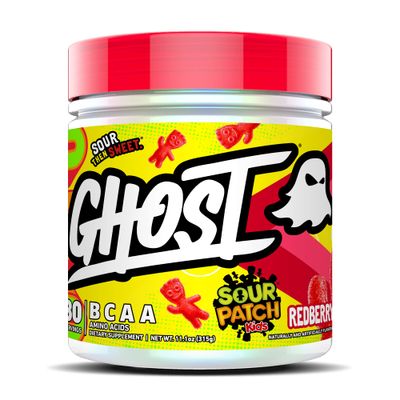 GHOST BCAA Powder Amino Acids Supplement, Sour Patch Kids Redberry - 30 Servings - Sugar-Free Intra, Post &amp; Pre Workout Amino Powder &amp; Recovery Drink, 7G BCAA