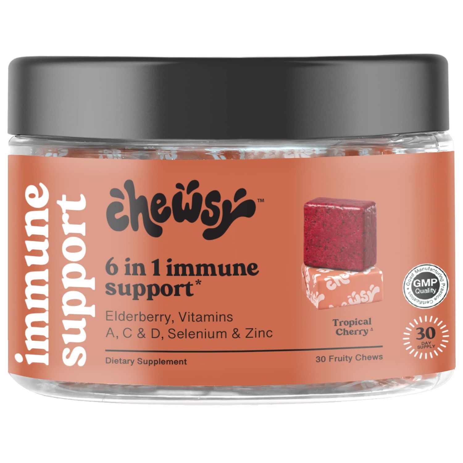 Chewsy 6-in-1 Immune Support Supplement Fruity Chews with Elderberry, Vitamin C, A &amp; D, Zinc &amp; Selenium - 30-Day Supply, Individually Wrapped Immunity Vitamins Chews for Adults and Kids (1)