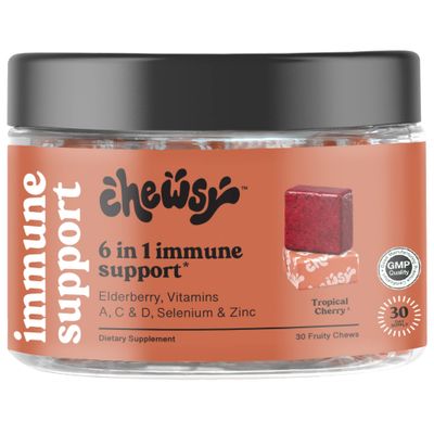 Chewsy 6-in-1 Immune Support Supplement Fruity Chews with Elderberry, Vitamin C, A &amp; D, Zinc &amp; Selenium - 30-Day Supply, Individually Wrapped Immunity Vitamins Chews for Adults and Kids (1)