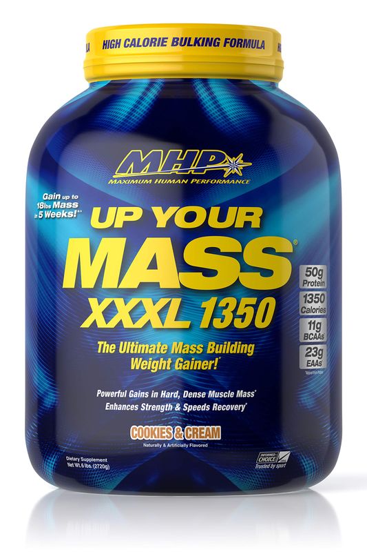 Maximum Human Performance MHP UYM XXXL 1350 Mass Building Weight Gainer, Muscle Mass Gains, w/50g Protein, High Calories, 11g BCAAs, Leucine, Cookies &amp; Cream, 8 Servings, 6lb