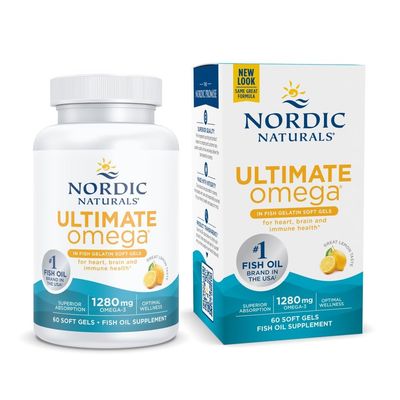 Nordic Naturals Ultimate Omega in Fish Gelatin, Lemon Flavor - 60 Soft Gels - 1280 mg Omega-3 - High-Potency Fish Oil Supplement - EPA &amp; DHA - Promotes Brain &amp; Heart Health - Non-GMO - 30 Servings