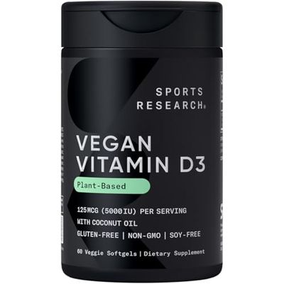 Sports Research Vegan Vitamin D3 5000IU (125 mcg) with Coconut Oil | 100% Plant-Based Vitamin D for Bone, Joint &amp; Immune Support | Carrageenan Free, Vegan Certified &amp; Non-GMO Verified (60 Softgels)