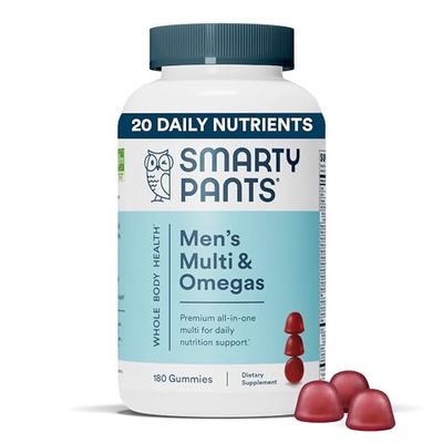 SmartyPants Multivitamin for Men, Gummies: Omega 3 Fish Oil (EPA/DHA), Methylfolate, CoQ10, Vitamin D3, C, Vitamin B12, B6, Great Stocking Stuffers, Gifts for Men, 180 Gummies (30 Day Supply)