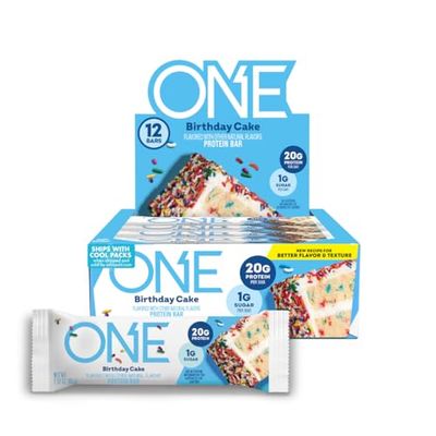 ONE Protein Bars, NEW Recipe Birthday Cake, Gluten Free Protein Bars with 20g Protein and 1g Sugar, Pantry Staples, 2.12 oz (12 Count)