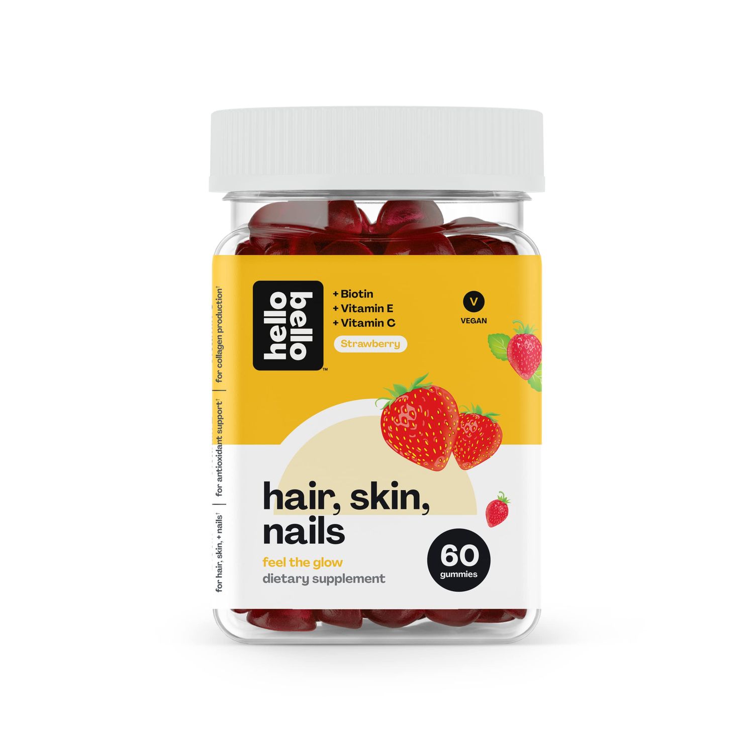 Hello Bello Hair, Skin, Nails Gummy Vitamins - Vegan Blend with Biotin, Vitamin E, and Vitamin C - Strawberry Flavor - 60 Count