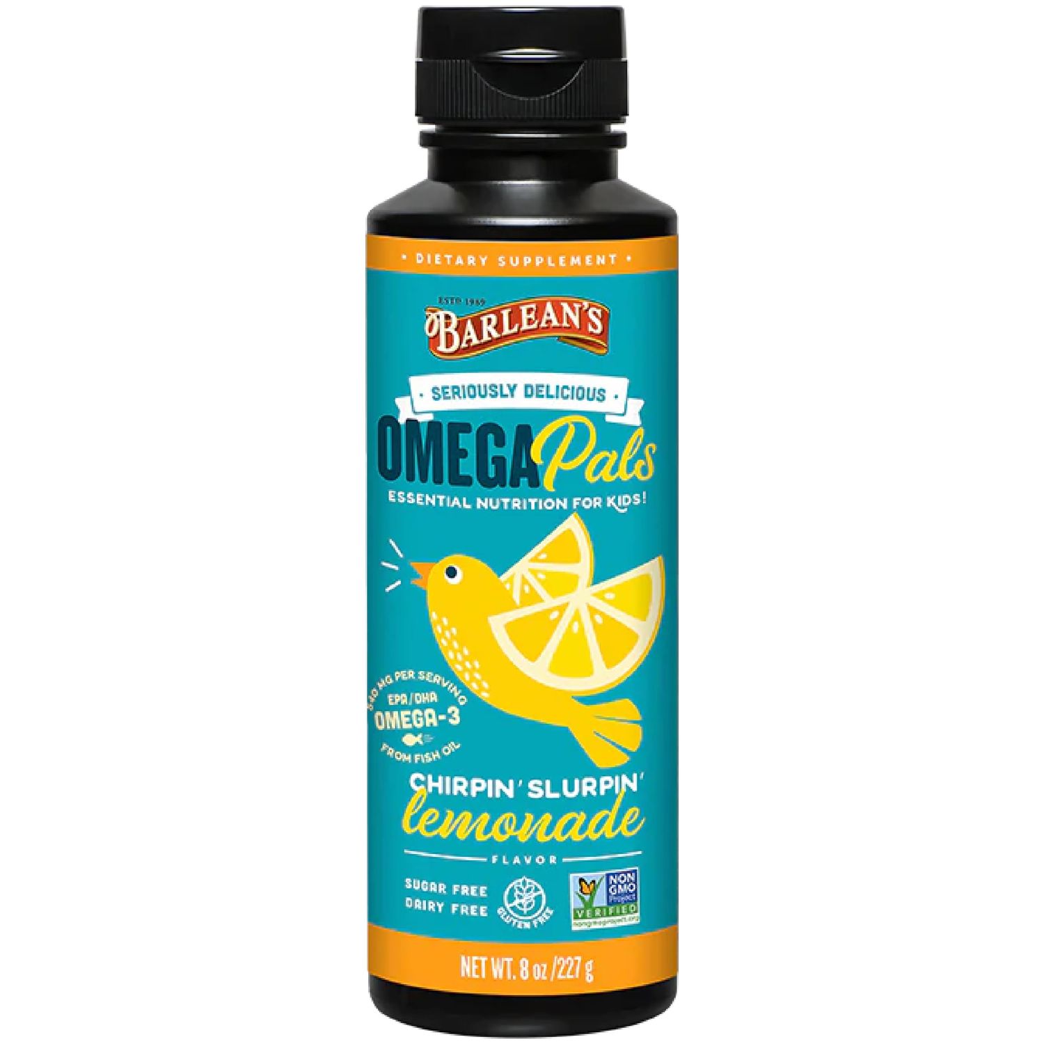 Barlean&#39;s Omega Pals Chirpin&#39; Slurpin&#39; Omega 3 for Kids, Yummy Lemonade Flavored Children&#39;s Liquid Fish Oil Supplement with 540 mg of EPA &amp; DHA for Brain &amp; Eye Health, 8 oz