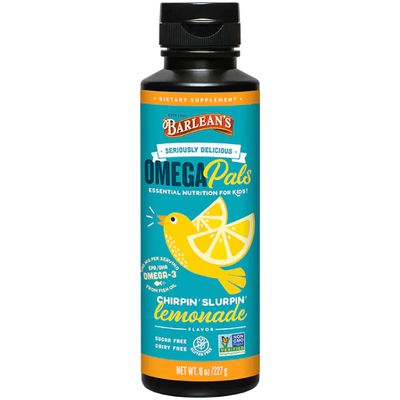 Barlean&#39;s Omega Pals Chirpin&#39; Slurpin&#39; Omega 3 for Kids, Yummy Lemonade Flavored Children&#39;s Liquid Fish Oil Supplement with 540 mg of EPA &amp; DHA for Brain &amp; Eye Health, 8 oz